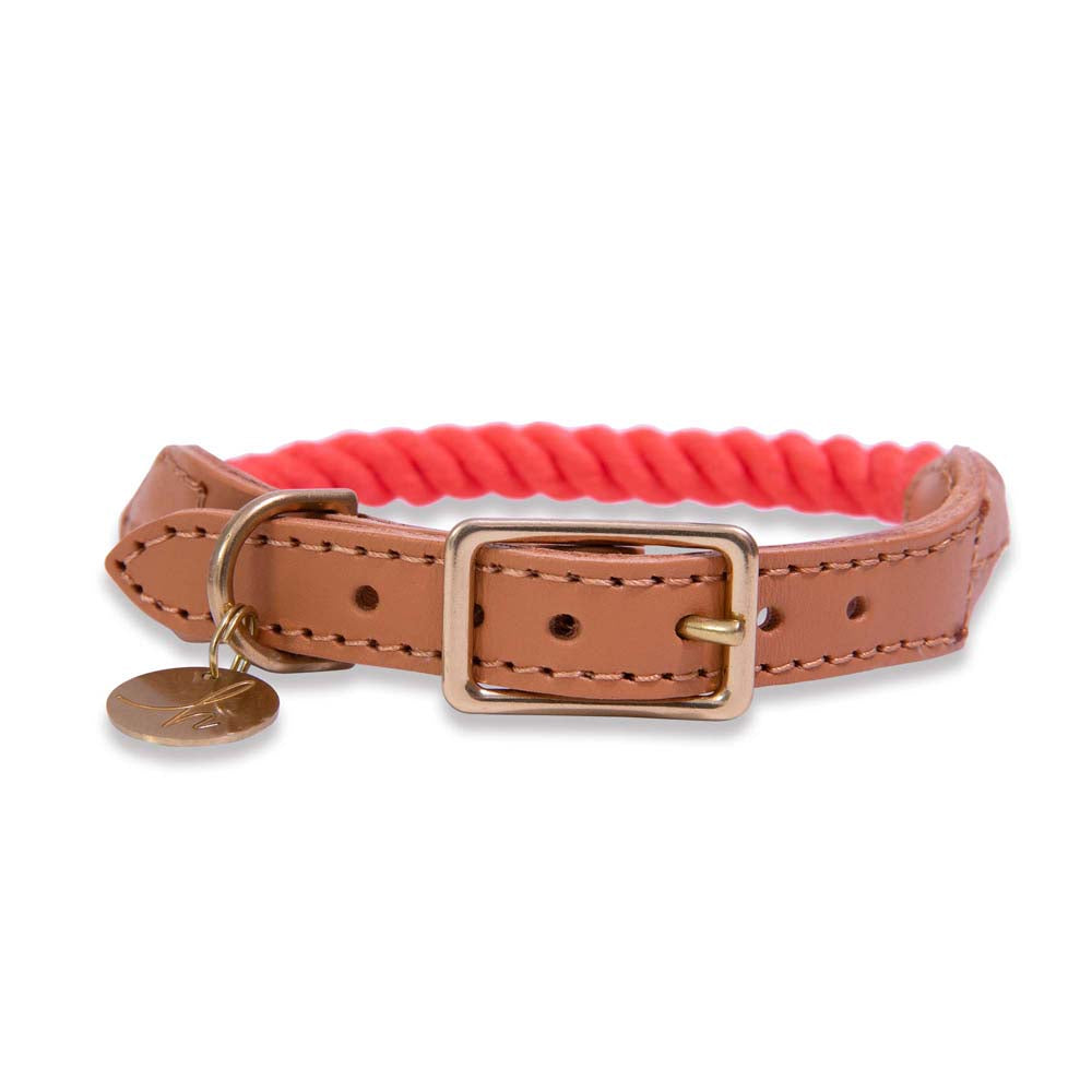 Coral Rope & Leather Dog Collar