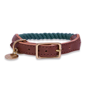 Dark Green Rope & Leather Dog Collar