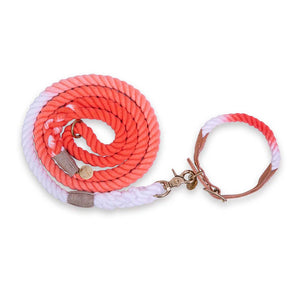 Coral Ombre Rope and Leather Dog Collar & Leash Bundle