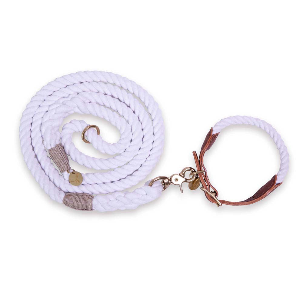 White Rope and Leather Dog Collar & Leash Bundle